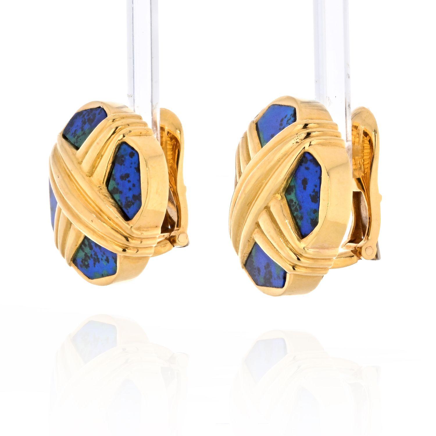 Modern David Webb Platinum & 18K Yellow Gold Azurmalachite X-Design Earrings For Sale