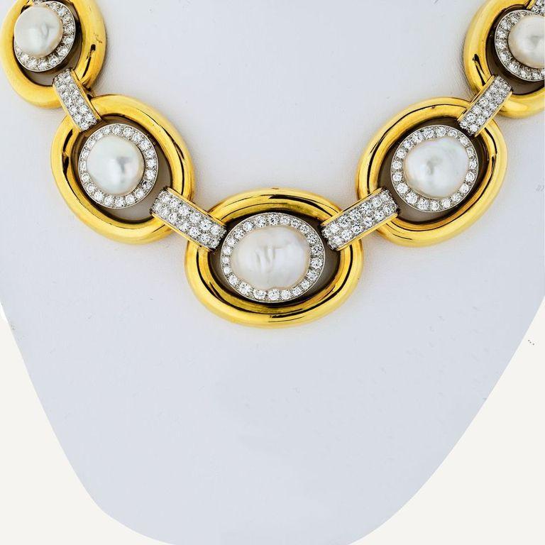 Modern David Webb Platinum & 18K Yellow Gold Baraque Pearl and Diamond Collar Necklace For Sale