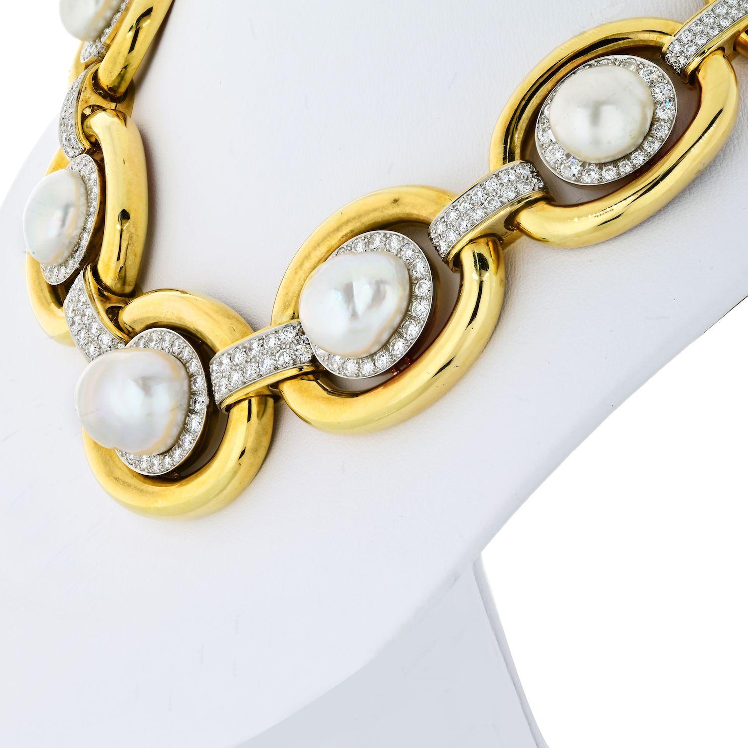 Round Cut David Webb Platinum & 18K Yellow Gold Baraque Pearl and Diamond Collar Necklace For Sale