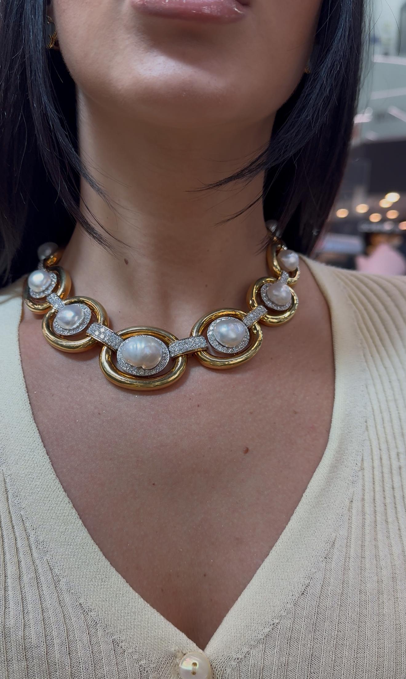 David Webb Platinum & 18K Yellow Gold Baraque Pearl and Diamond Collar Necklace For Sale 1