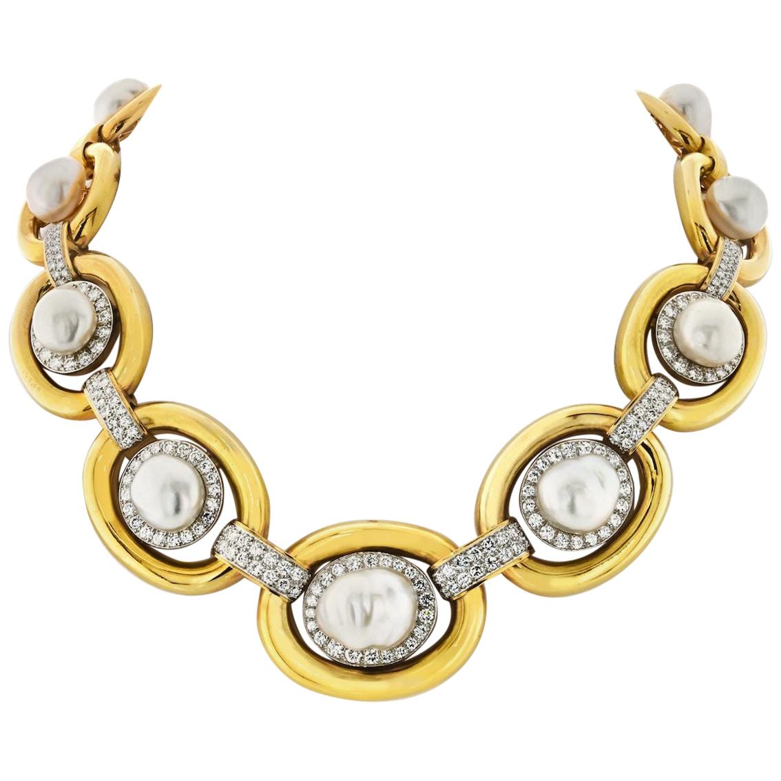 David Webb Collier en platine et or jaune 18 carats avec perles baroques et diamants en vente
