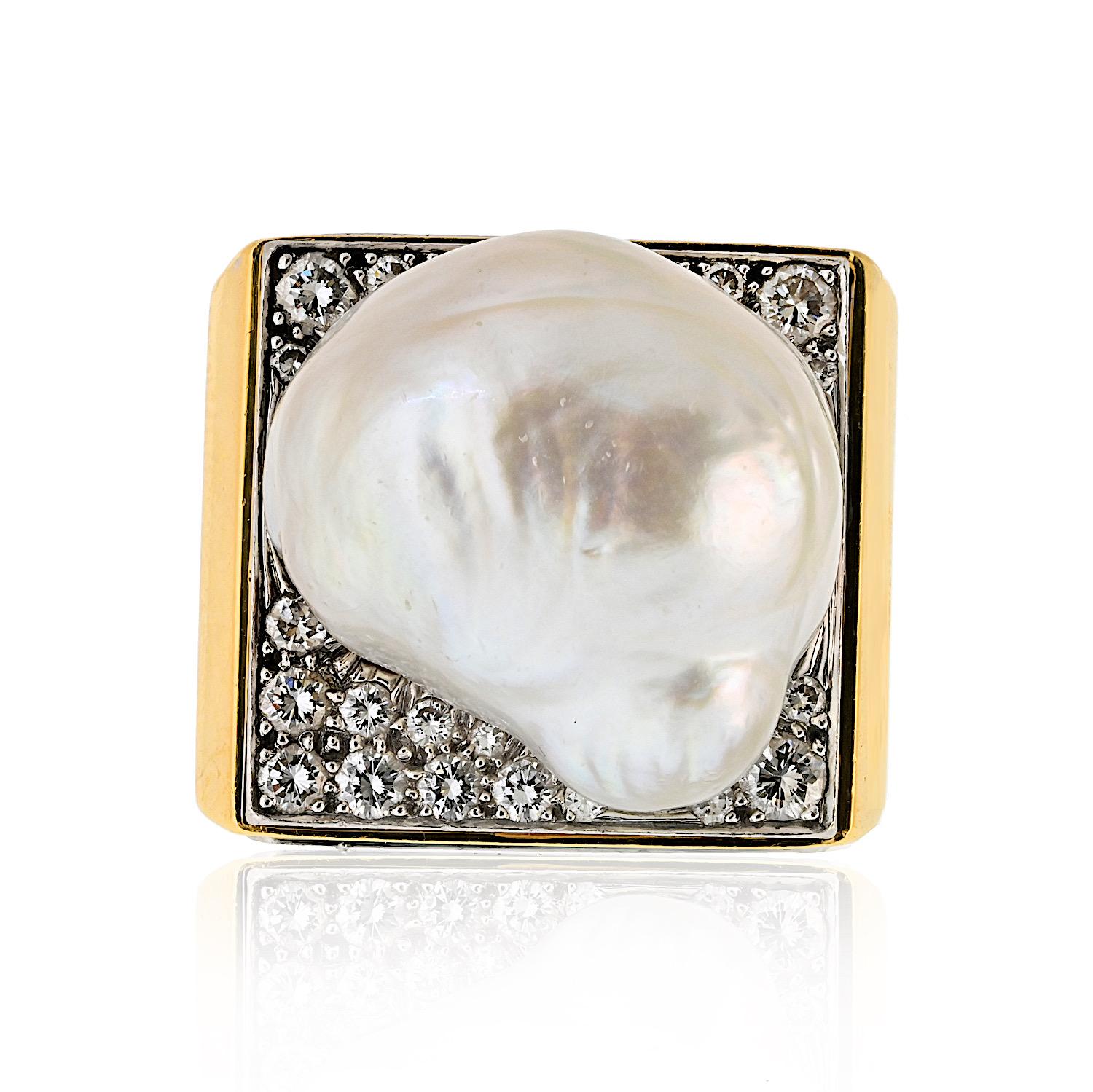 David Webb Platinum & 18K Yellow Gold Baroque Pearl Diamond Ring. This striking square-top ring features a pave-set diamond surface, with the spotlight on a captivating Baroque pearl at the center. The pearl, with its whimsical, organic shape,