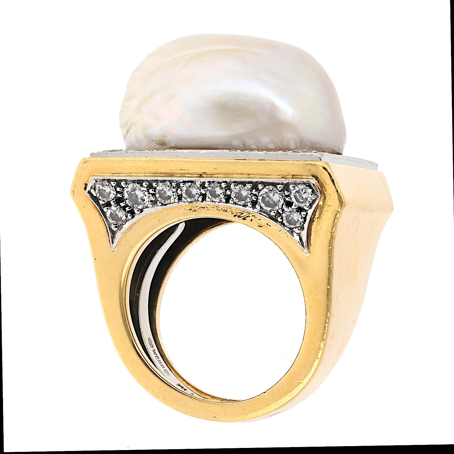 Round Cut David Webb Platinum & 18K Yellow Gold Baroque Pearl Diamond Ring For Sale