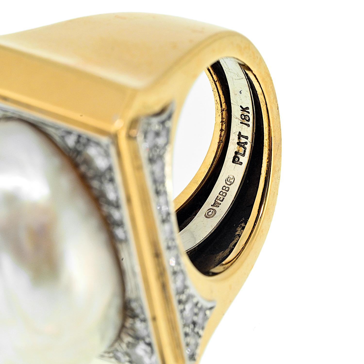 Women's David Webb Platinum & 18K Yellow Gold Baroque Pearl Diamond Ring For Sale