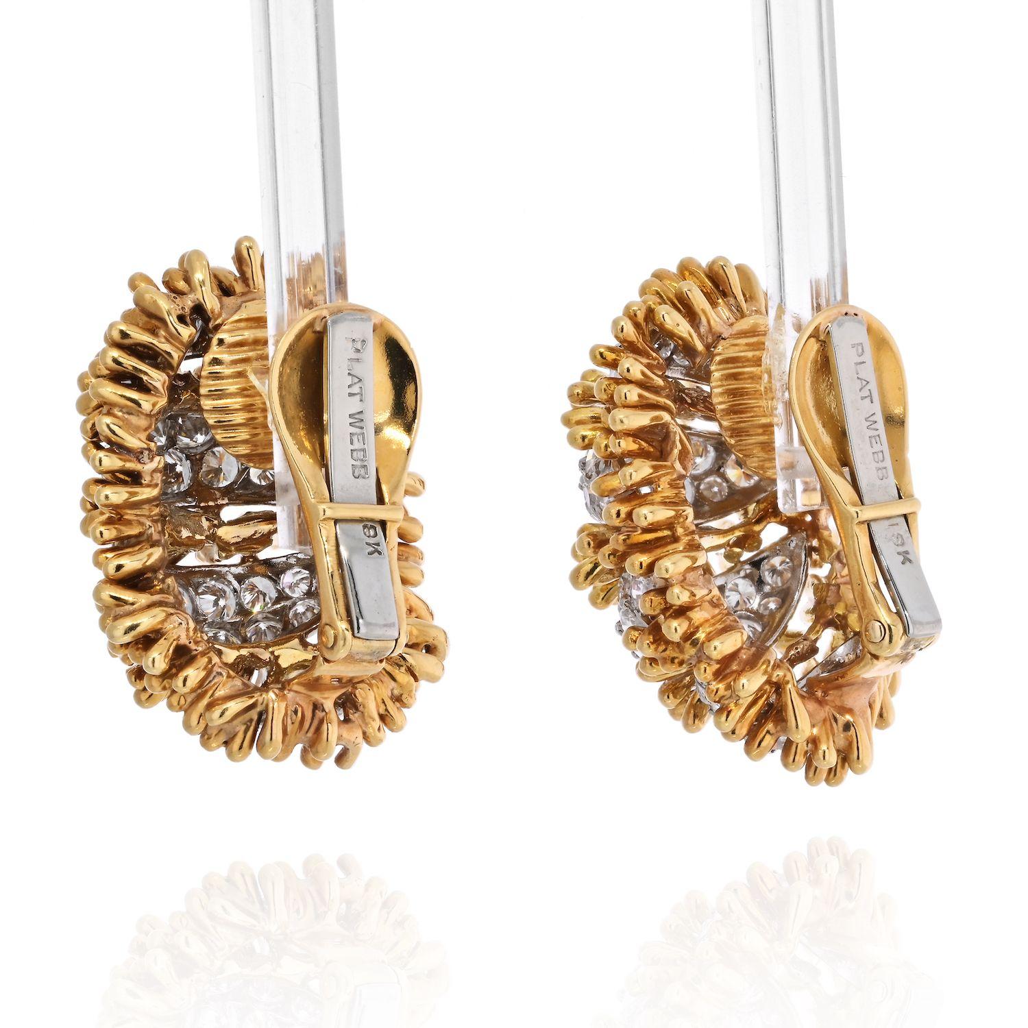 Designed by quintessential top drawer  American jeweler David Webb, c. 1970, each crafted in platinum, polished 18K yellow gold and diamonds.
David Webb ear clips have a domed yellow gold beaded design measuring 26 x 20mm  with each earring
