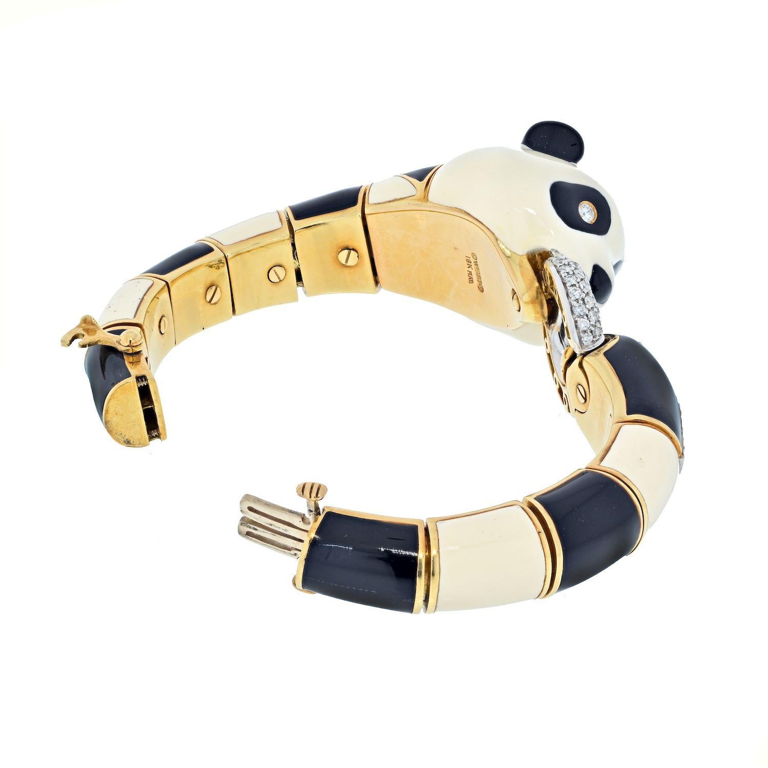 Round Cut David Webb Platinum & 18K Yellow Gold Black and White Enamel Panda Bracelet For Sale