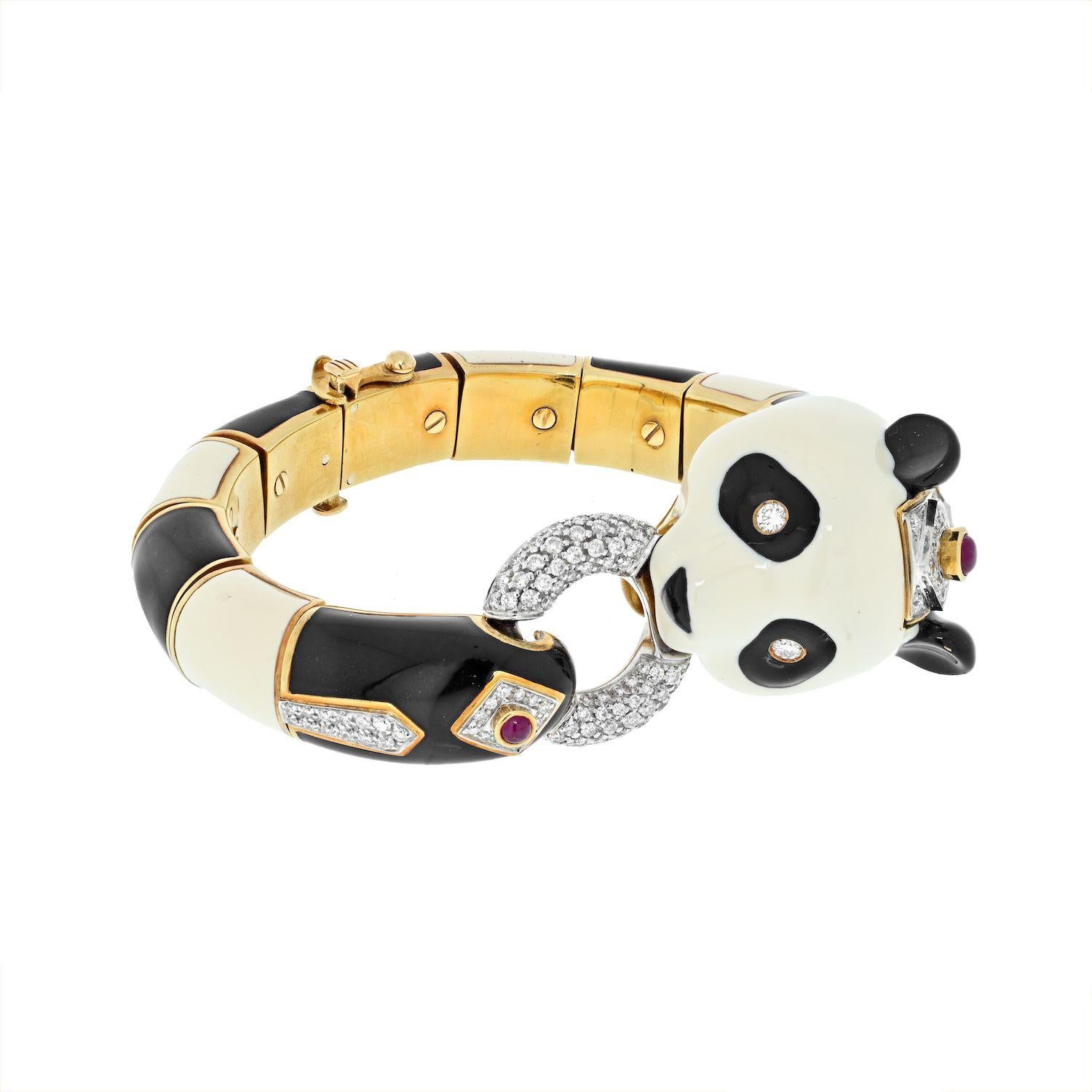 David Webb Platinum & 18K Yellow Gold Black and White Enamel Panda Bracelet In Excellent Condition For Sale In New York, NY