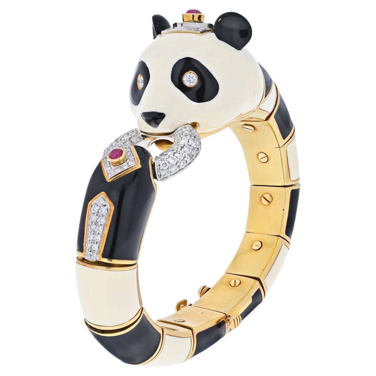 David Webb Platinum & 18K Yellow Gold Black and White Enamel Panda Bracelet For Sale