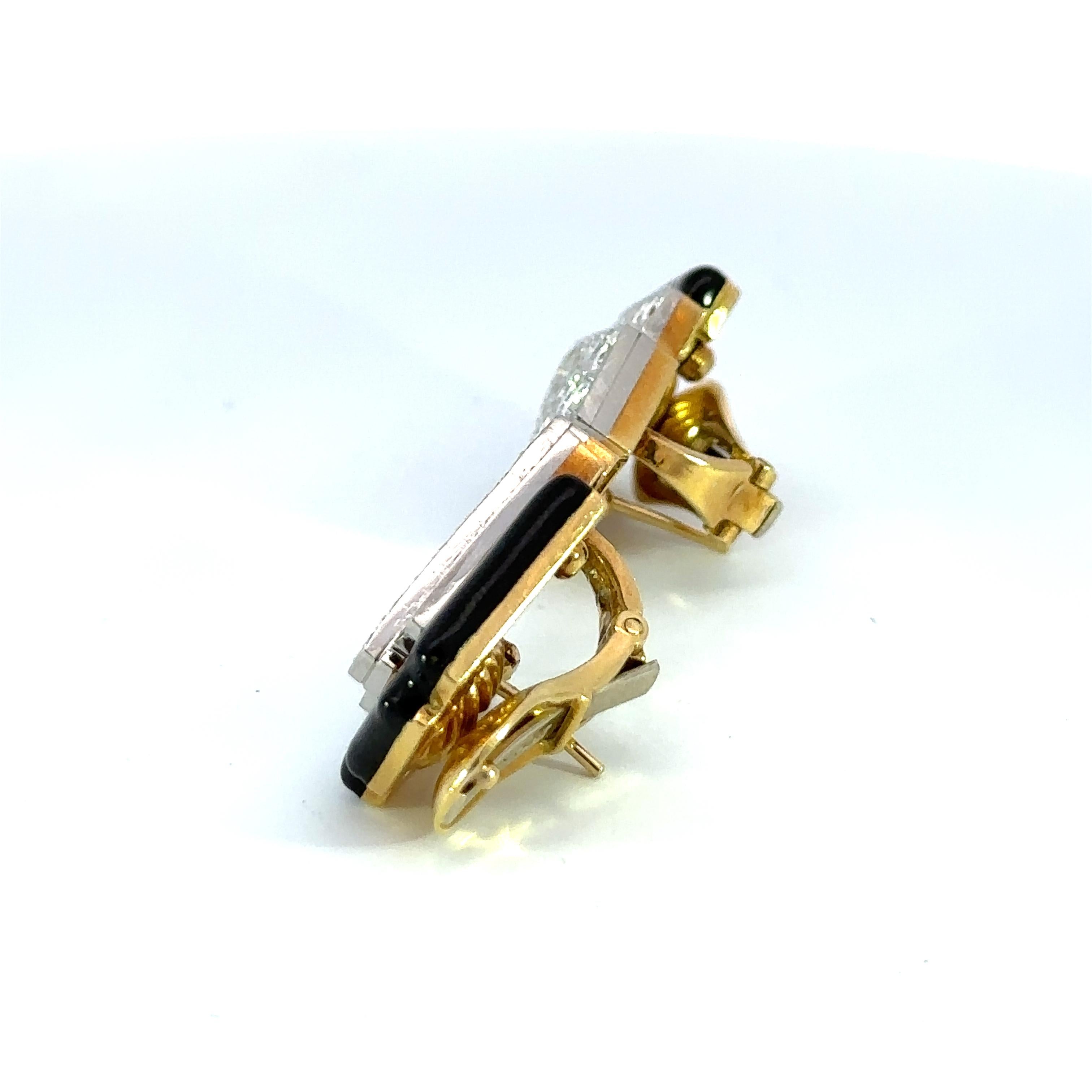 Contemporary David Webb Platinum & 18K Yellow Gold Black Enamel and Diamond Clip Earrings For Sale