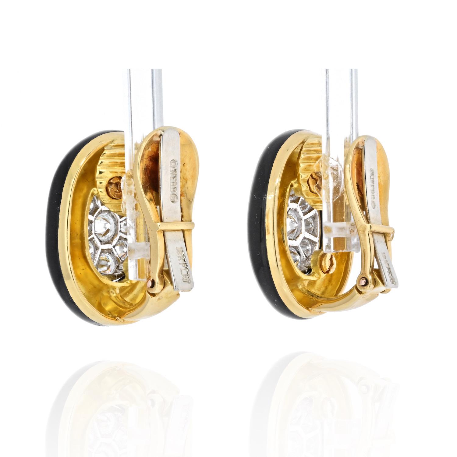 Modern David Webb Platinum & 18K Yellow Gold Black Enamel and Diamond Clip Earrings For Sale