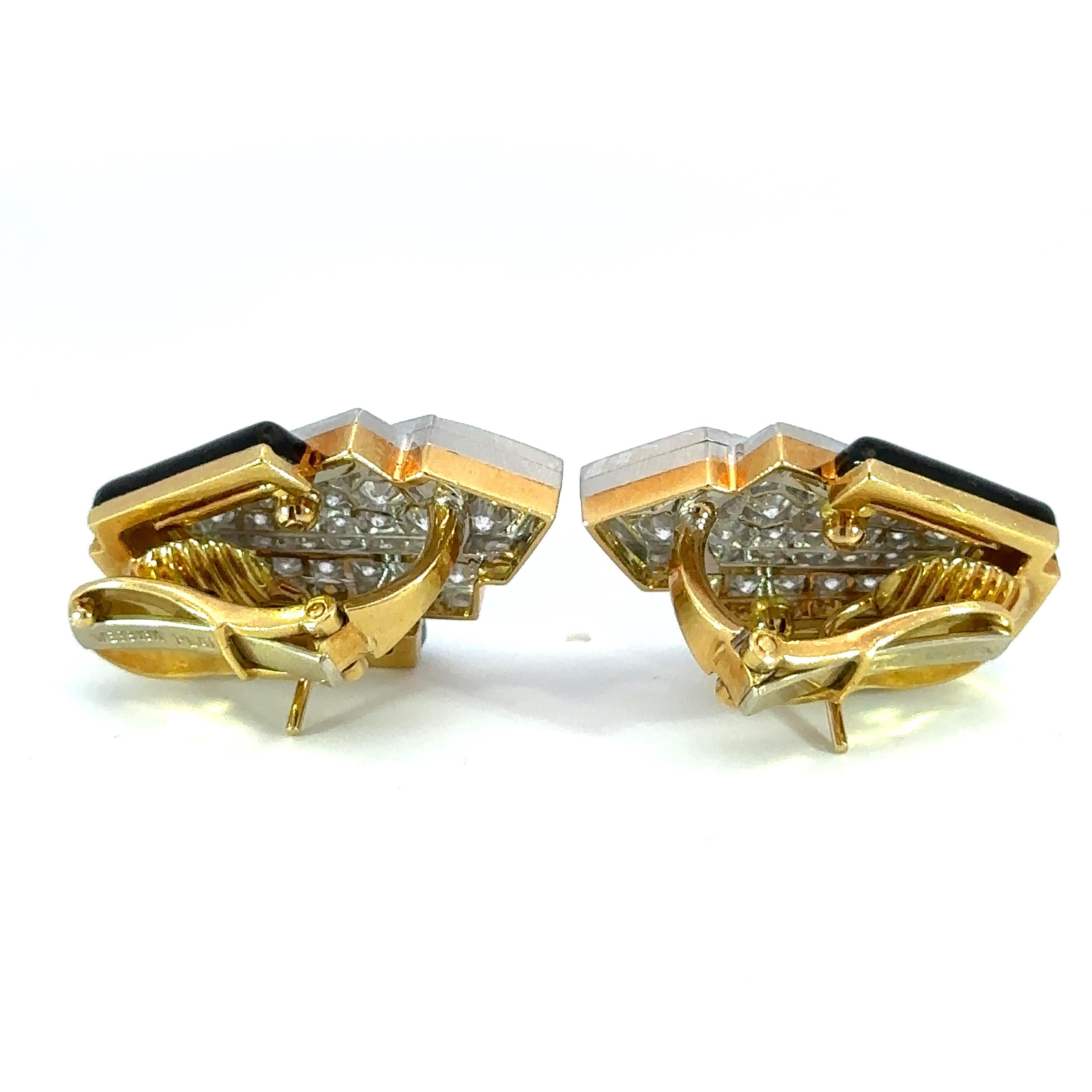 Round Cut David Webb Platinum & 18K Yellow Gold Black Enamel and Diamond Clip Earrings For Sale