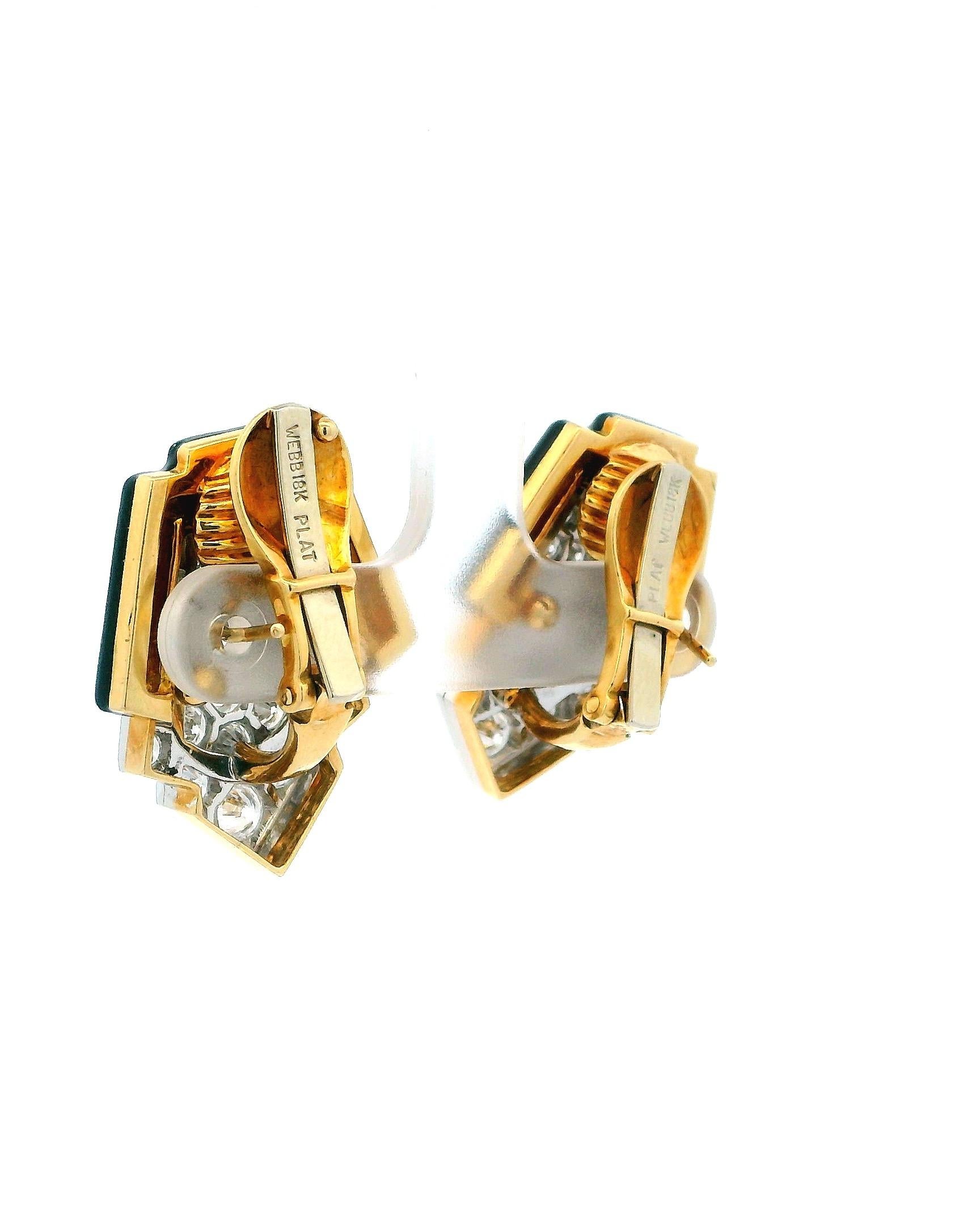 Taglio rotondo David Webb Orecchini a clip in platino e oro giallo 18 carati con smalto nero e diamanti in vendita
