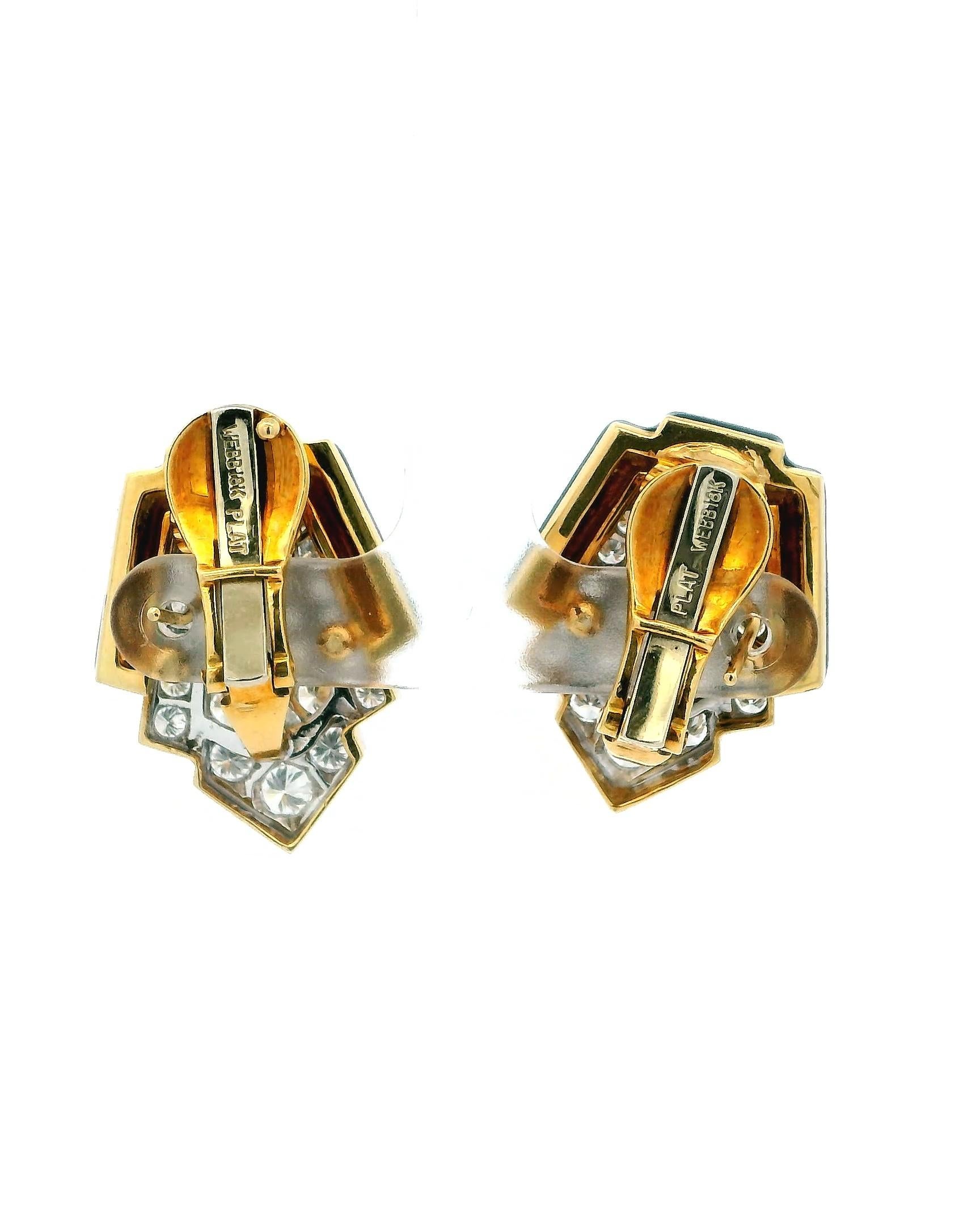 Donna David Webb Orecchini a clip in platino e oro giallo 18 carati con smalto nero e diamanti in vendita