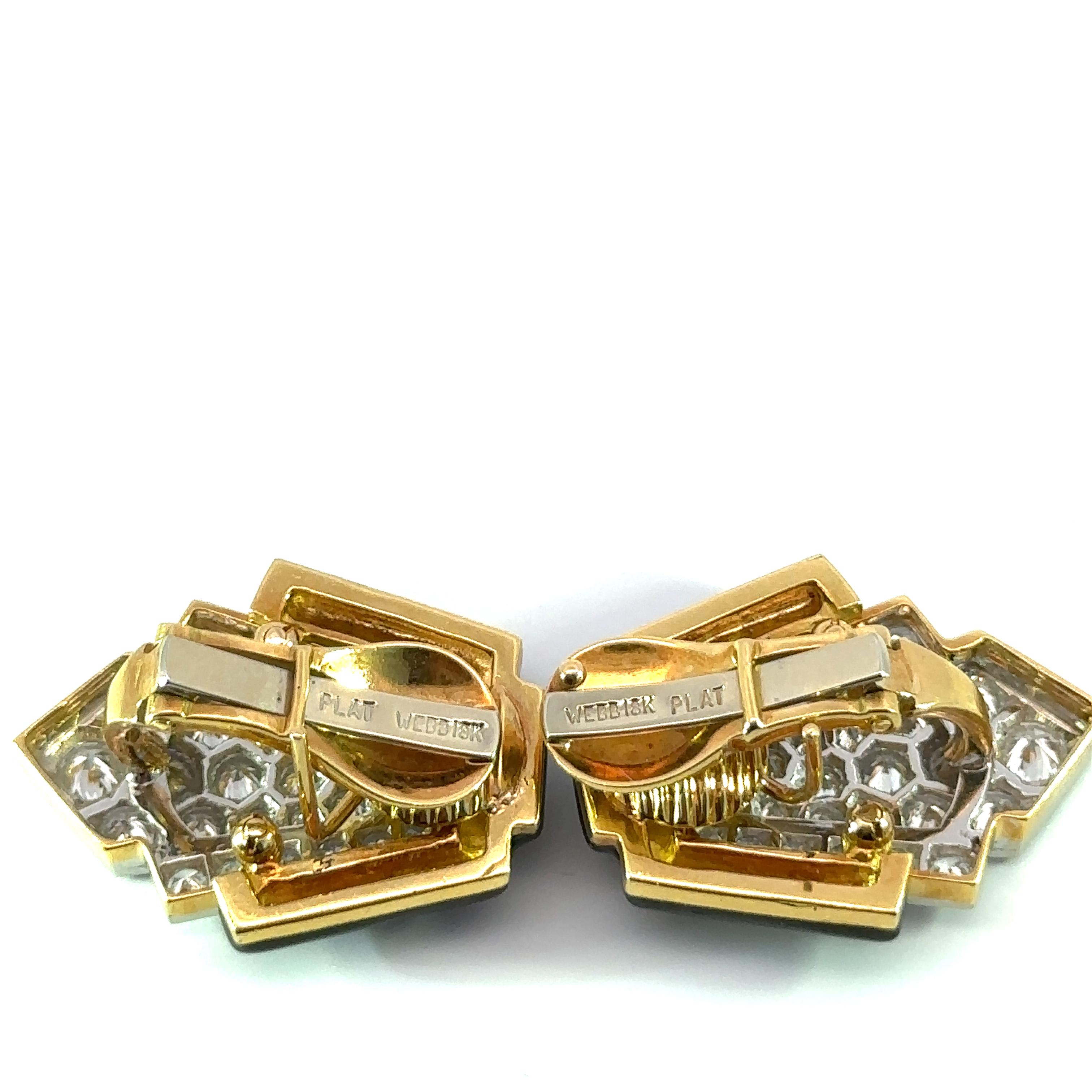 David Webb Platinum & 18K Yellow Gold Black Enamel and Diamond Clip Earrings 1