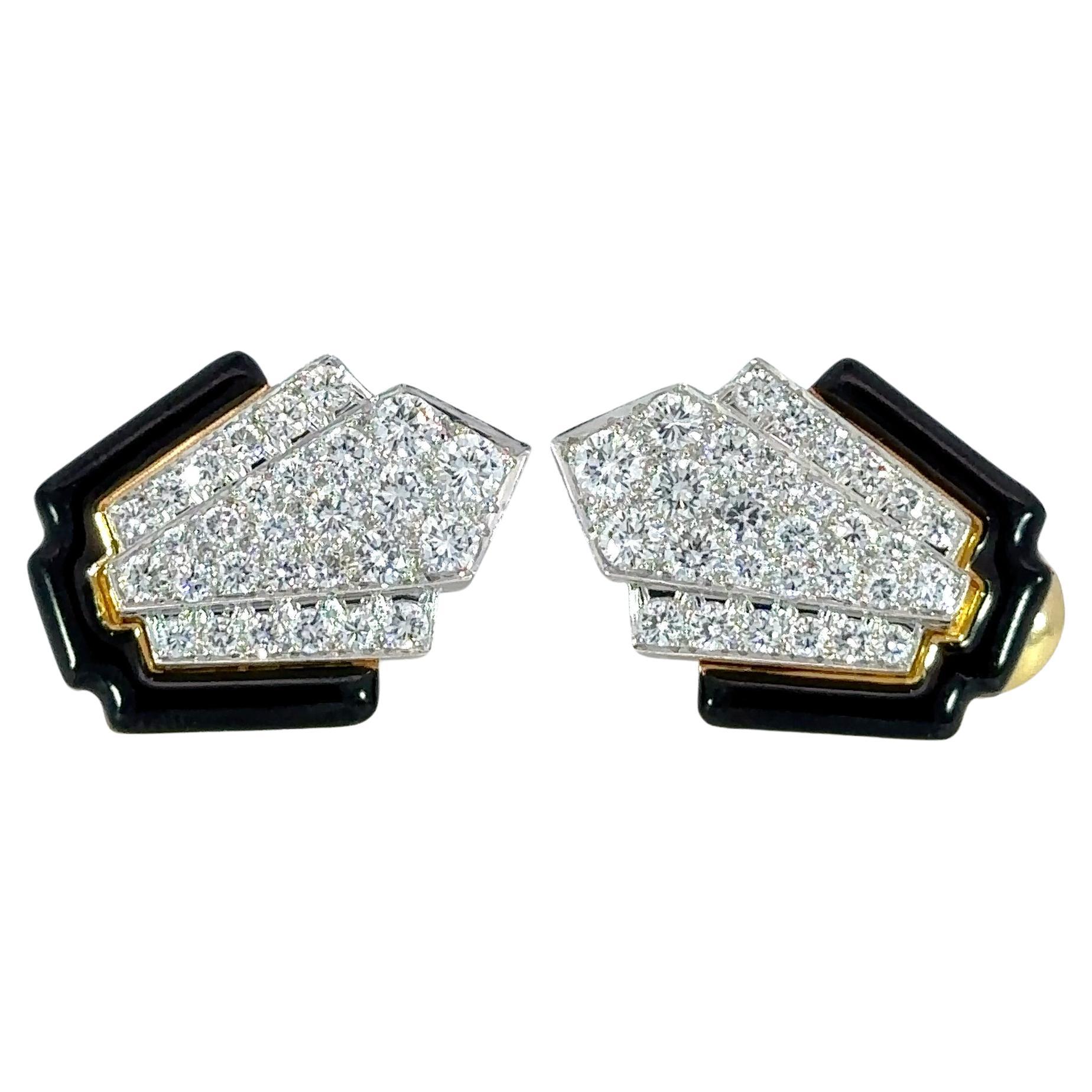Pendientes de clip de platino y oro amarillo de 18 quilates con esmalte negro y diamantes David Webb