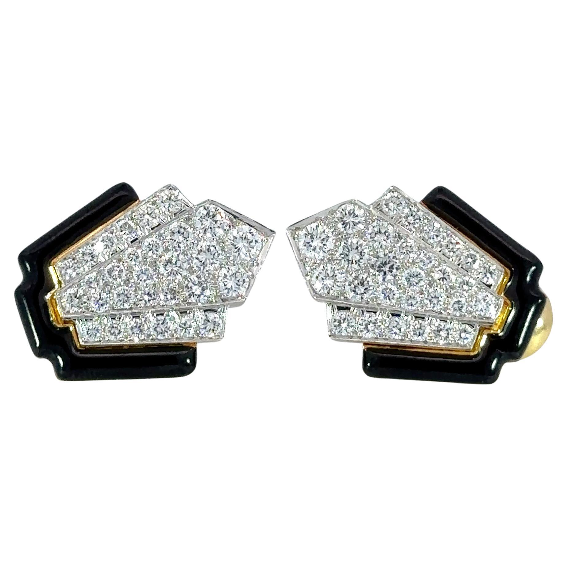 David Webb Platinum & 18K Yellow Gold Black Enamel and Diamond Clip Earrings For Sale