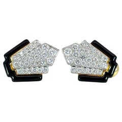 David Webb Platinum & 18K Yellow Gold Black Enamel and Diamond Clip Earrings