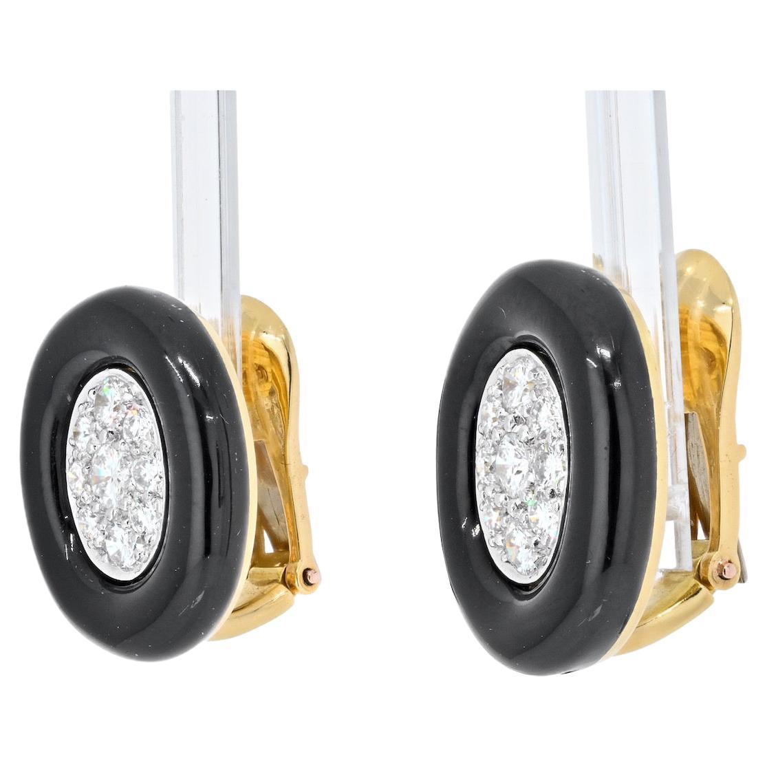 David Webb Platinum & 18K Yellow Gold Black Enamel and Diamond Clip Earrings For Sale