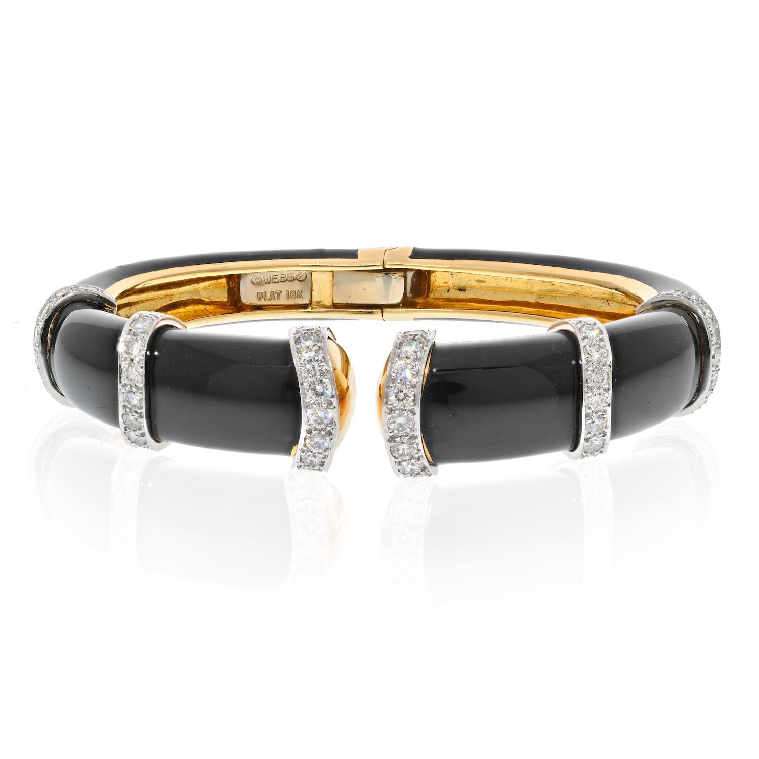 Taille ronde Bracelet manchette en platine et or jaune 18K, émail noir et diamants David Webb en vente