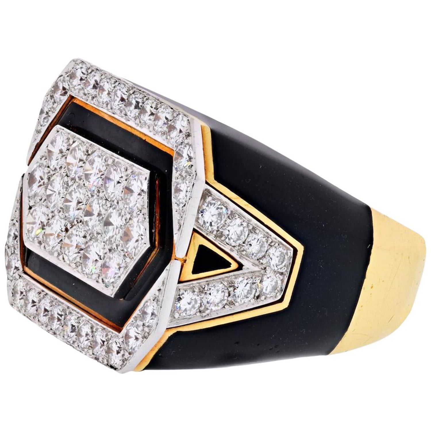 Veschetti 18 Karat Yellow Gold, Black Enamel and Fancy Yellow Diamond Ring  at 1stDibs