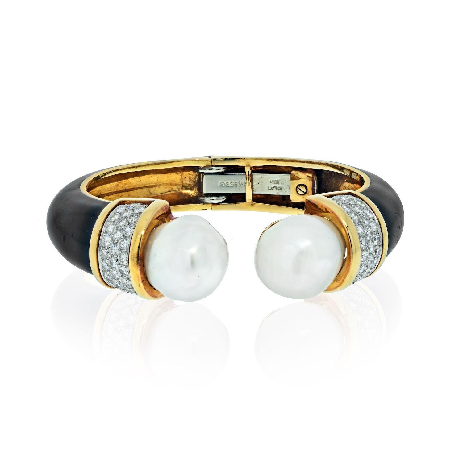 David Webb Platinum & 18K Yellow Gold Black Enamel and Pearl Diamond Bracelet In Excellent Condition For Sale In New York, NY