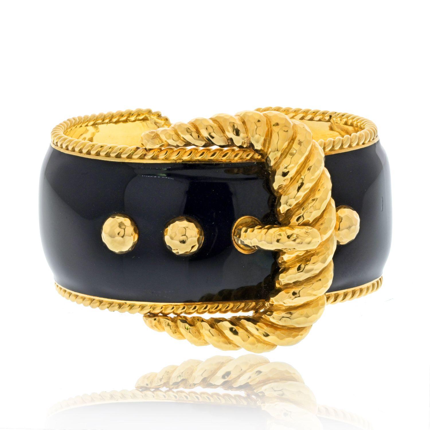 Women's David Webb Platinum & 18K Yellow Gold Black Enamel Belt Motif Cuff Bracelet For Sale