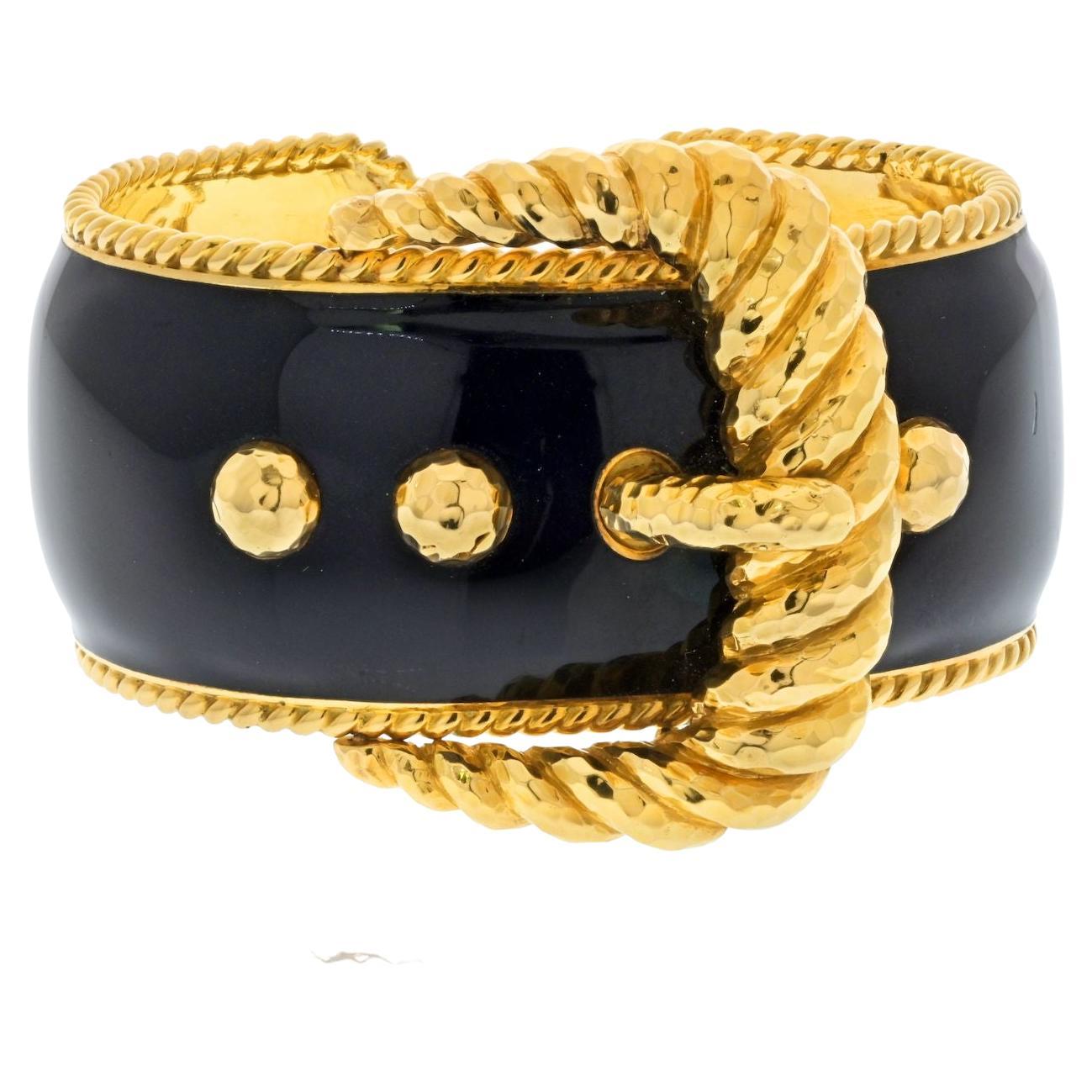 David Webb Platinum & 18K Yellow Gold Black Enamel Belt Motif Cuff Bracelet For Sale