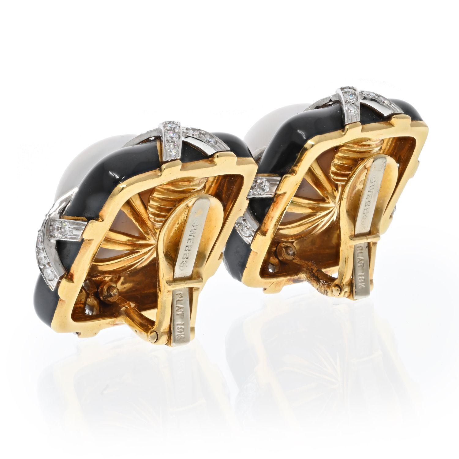 Round Cut David Webb Platinum & 18K Yellow Gold Black Enamel, Diamond and Pearl Earrings For Sale