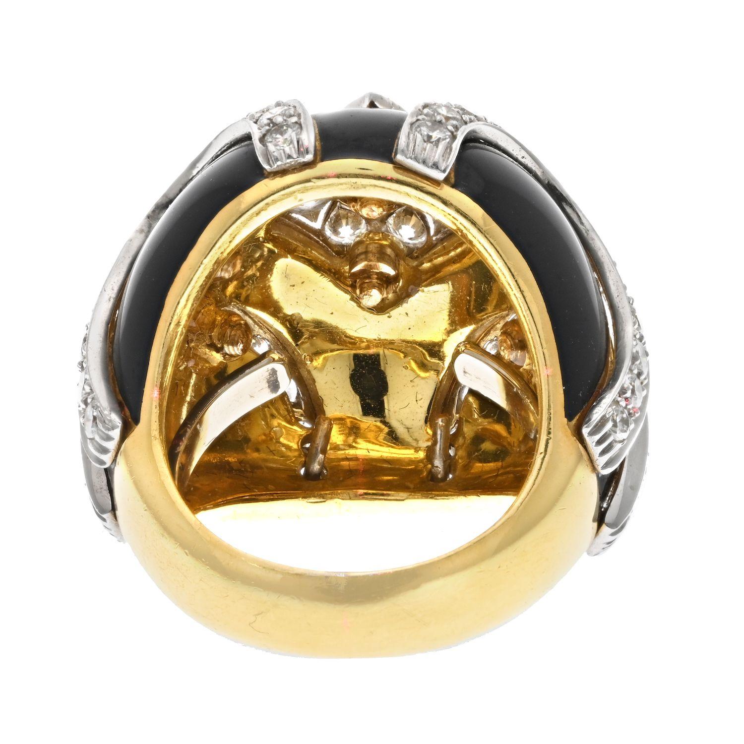 Modern David Webb Platinum & 18k Yellow Gold Black Enamel Diamond Bombe Ring For Sale