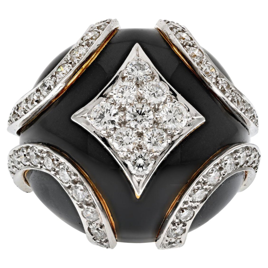 David Webb Anillo Bomba de Diamantes con Esmalte Negro en Platino y Oro Amarillo de 18k