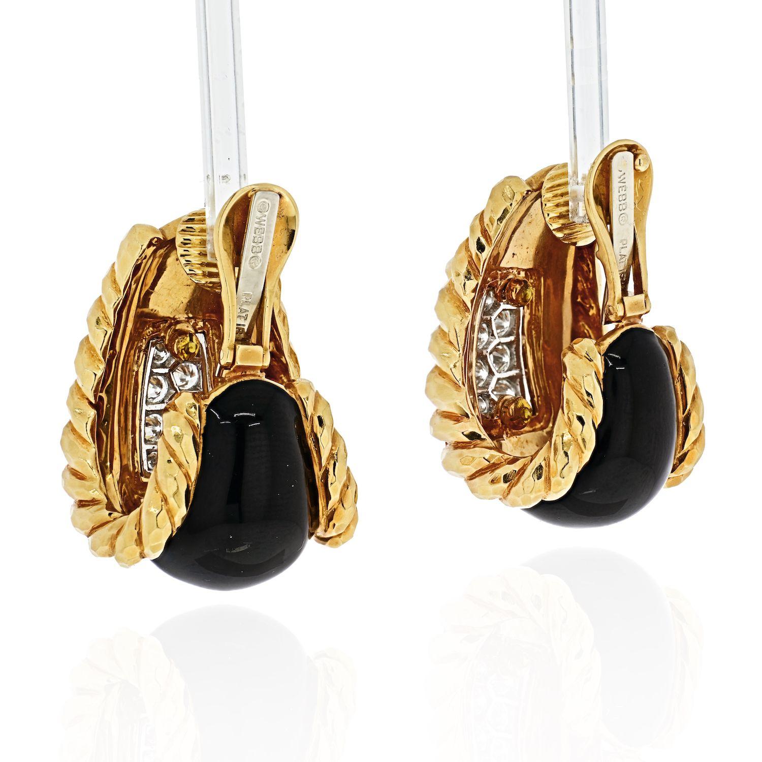 Modern David Webb Platinum & 18k Yellow Gold Black Enamel Diamond Earrings For Sale