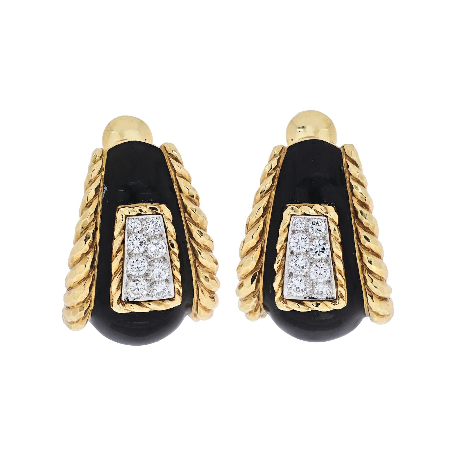 David Webb Platinum & 18k Yellow Gold Black Enamel Diamond Earrings For Sale