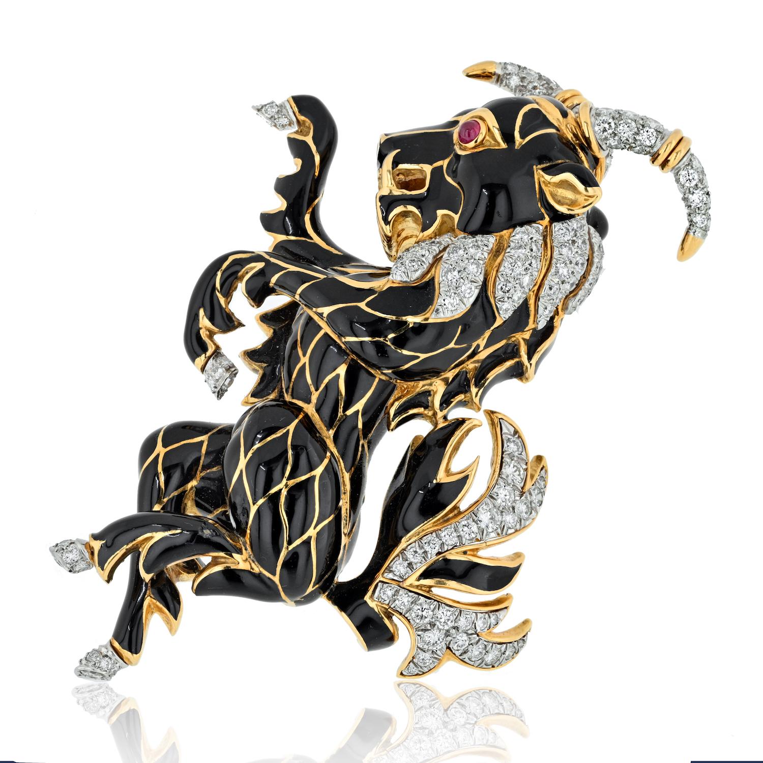 Immerse yourself in the enchanting world of David Webb with this whimsical black enamel and diamond brooch featuring a charming ram or goat design. Crafted in 18K yellow gold and platinum, this brooch is a true testament to Webb's iconic style and
