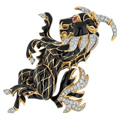 David Webb Platinum & 18K Yellow Gold Black Enamel Diamond Goat Brooch