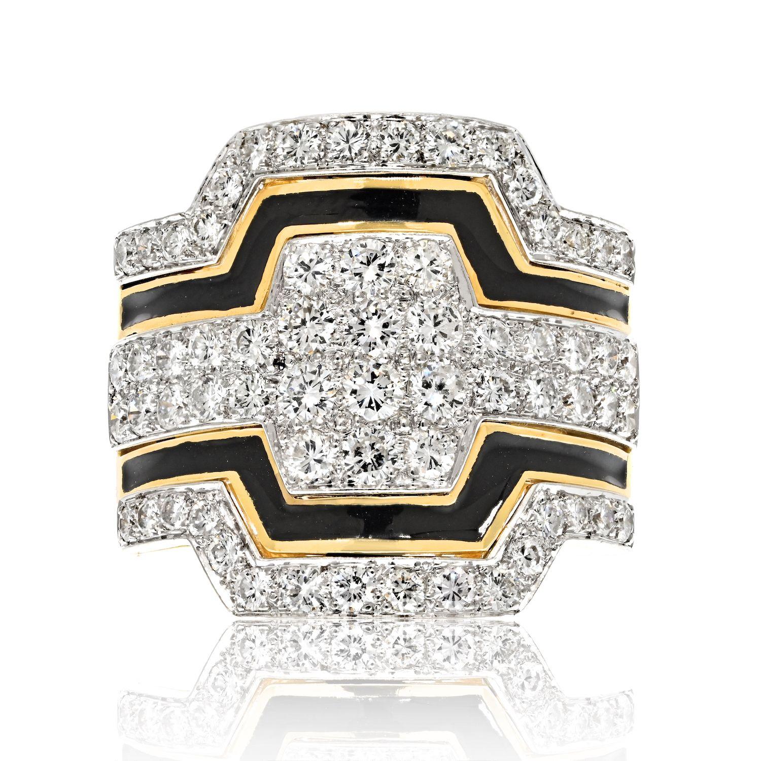 Modern David Webb Platinum & 18k Yellow Gold Black Enamel Diamond Ring For Sale