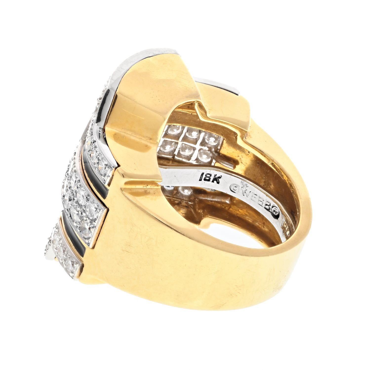 David Webb Platinum & 18k Yellow Gold Black Enamel Diamond Ring In Excellent Condition For Sale In New York, NY