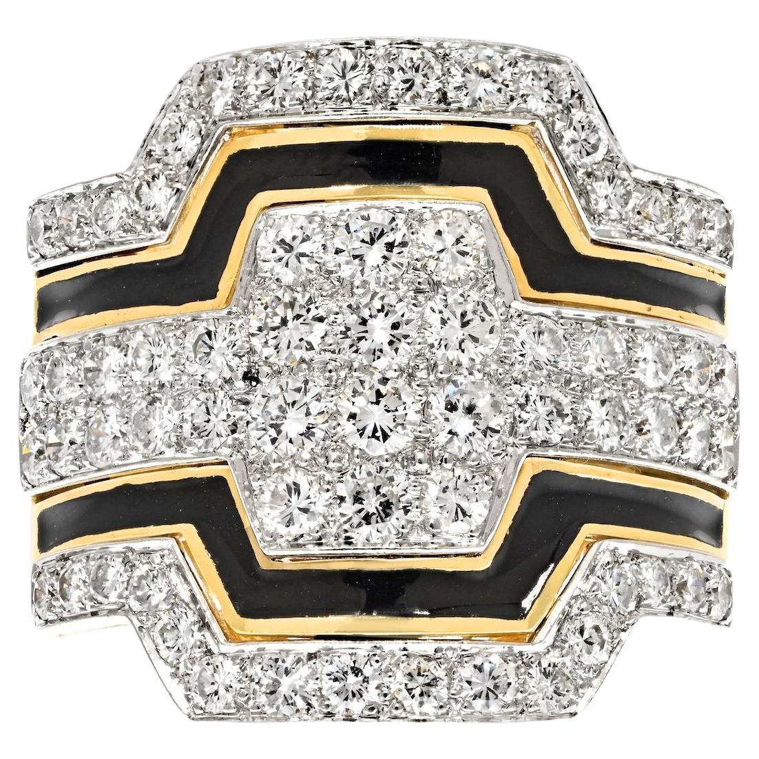 David Webb Platinum & 18k Yellow Gold Black Enamel Diamond Ring