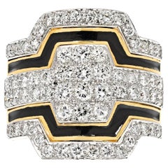 David Webb Platinum & 18k Yellow Gold Black Enamel Diamond Ring
