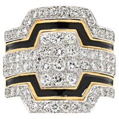 David Webb Bague en platine et or jaune 18 carats, émail noir et diamants