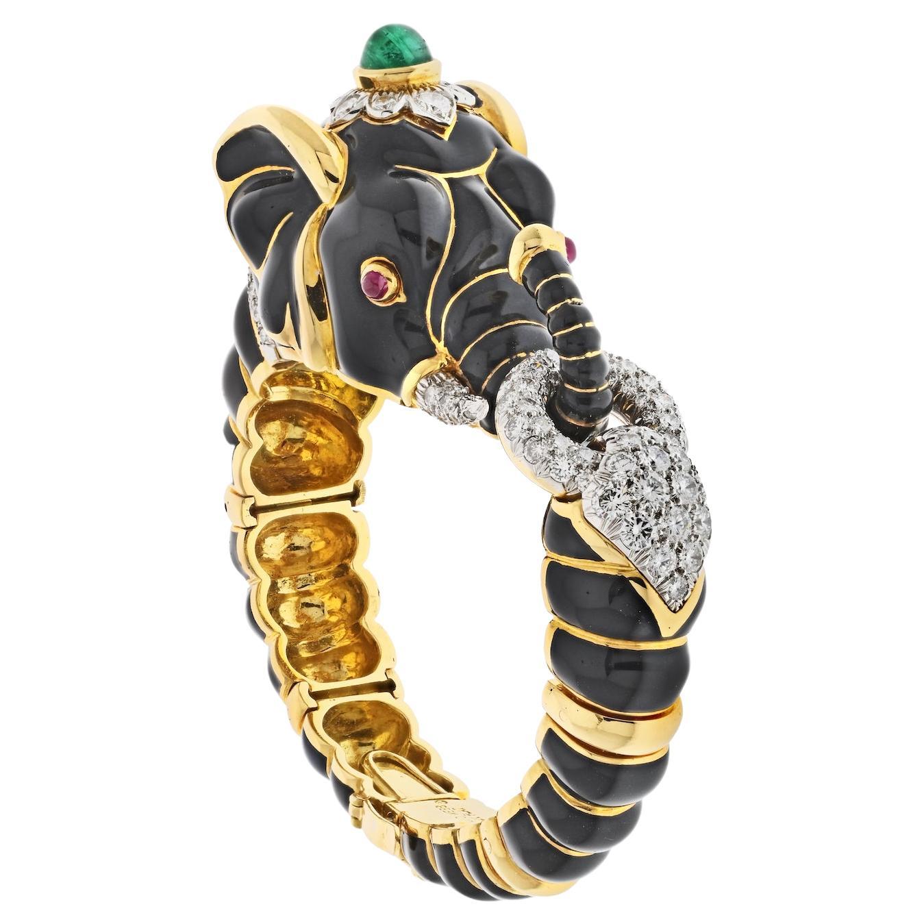 David Webb Platinum & 18k Yellow Gold Black Enamel Elephant Bracelet en vente