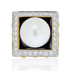 David Webb Platinum & 18K Yellow Gold Black Enamel, Pearl and Diamond Ring