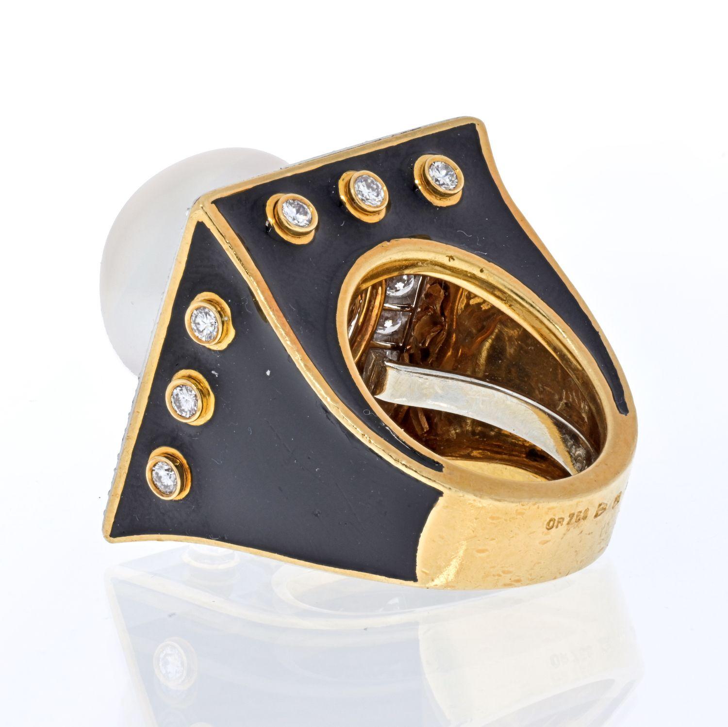 Modern David Webb Platinum & 18K Yellow Gold Black Enamel, Pearl and Diamond Ring For Sale