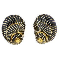 David Webb Platinum & 18K Yellow Gold Black Enamel Seashell Earrings