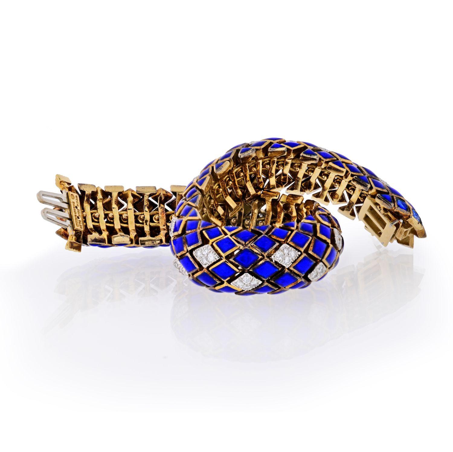 Diamond, enamel and eighteen karat gold bracelet, David Webb convex diamond shape links in blue enamel highlighted by round brilliant-cut diamond set links; estimated total diamond weight: 2.30 carats. Length 7 inches. Width: 15mm. Condition: