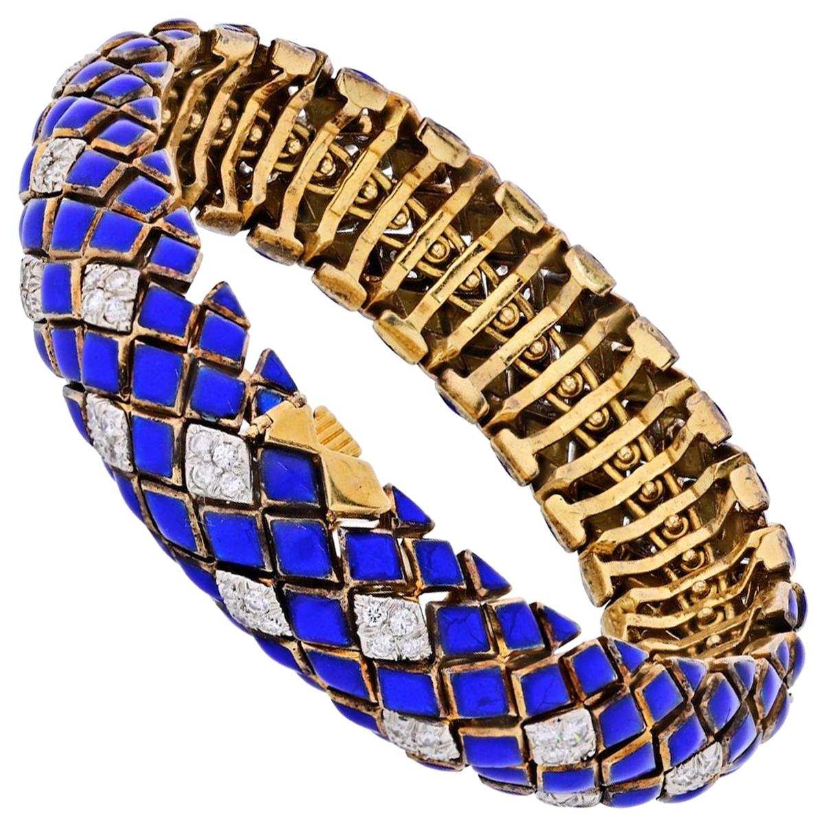 David Webb Platinum and 18 Karat Yellow Gold Blue Enamel and Diamond Bracelet