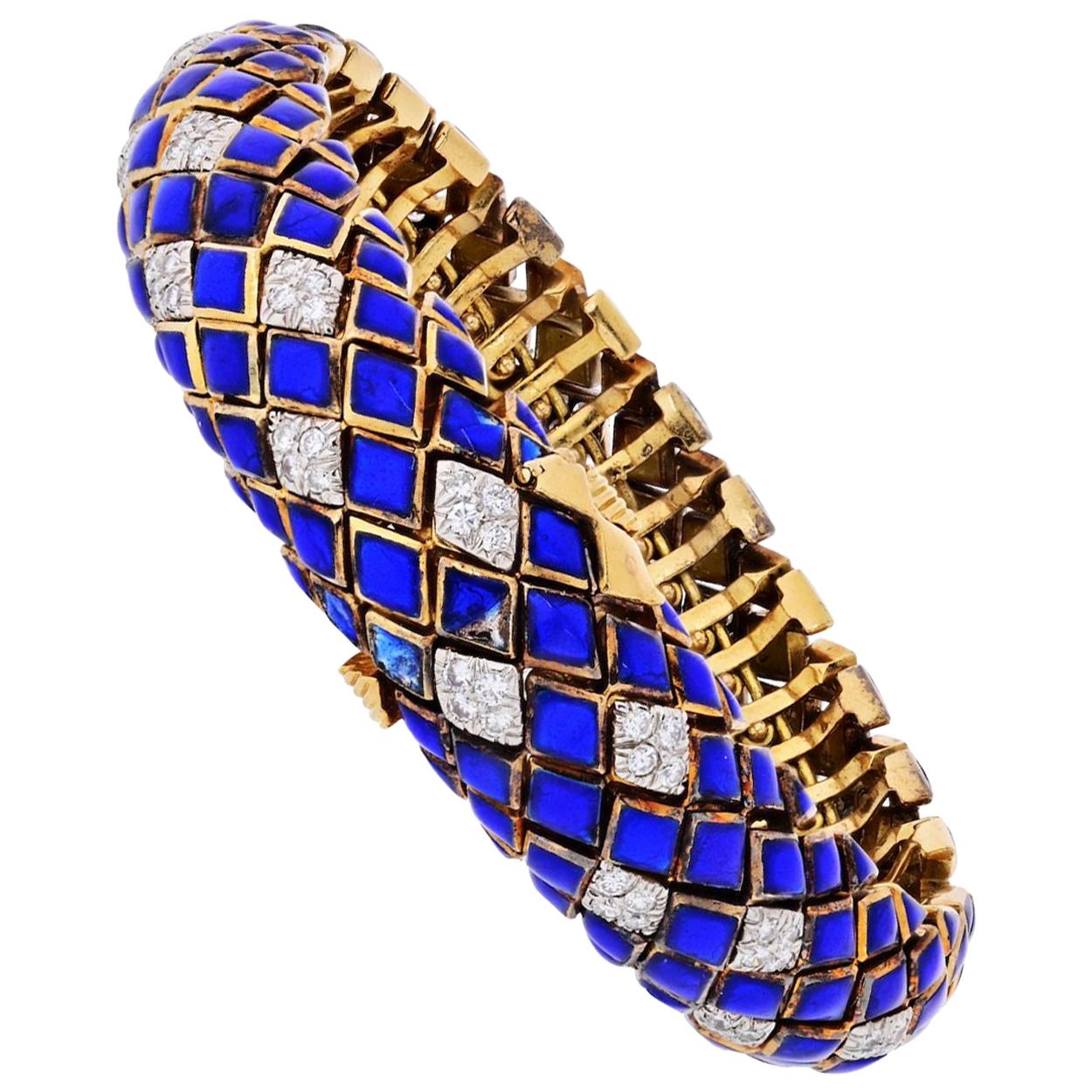David Webb Platinum and 18 Karat Yellow Gold Blue Enamel and Diamond Bracelet For Sale
