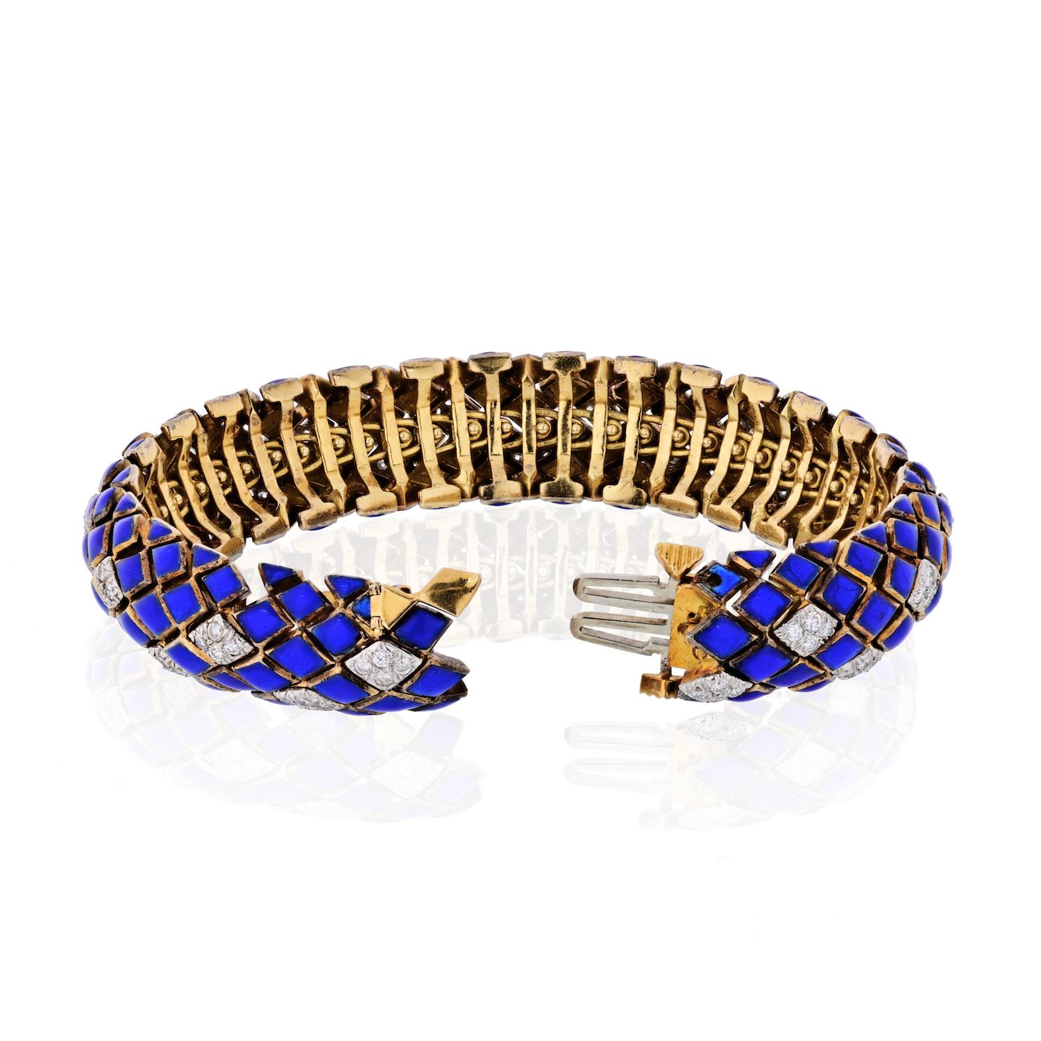 David Webb Platinum with 18K Yellow Gold Blue Enamel and Diamond Bracelet. Designed with diamond shape links in blue enamel highlighted by round brilliant-cut diamond set links; estimated total diamond weight: 2.30 carats. Length 7 inches. Width: