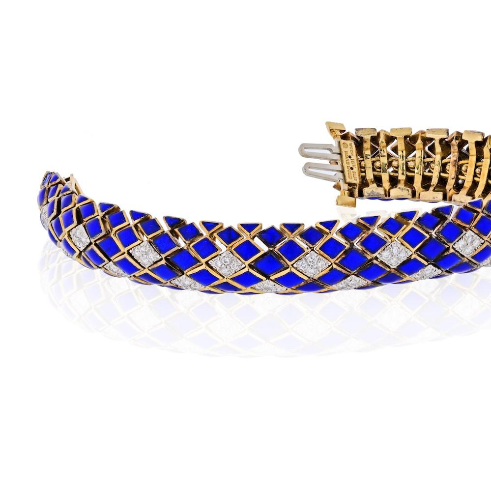 Art Deco David Webb Platinum & 18k Yellow Gold Blue Enamel with Diamond Bracelet 2.30cttw