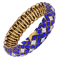 David Webb Platinum & 18k Yellow Gold Blue Enamel with Diamond Bracelet 2.30cttw