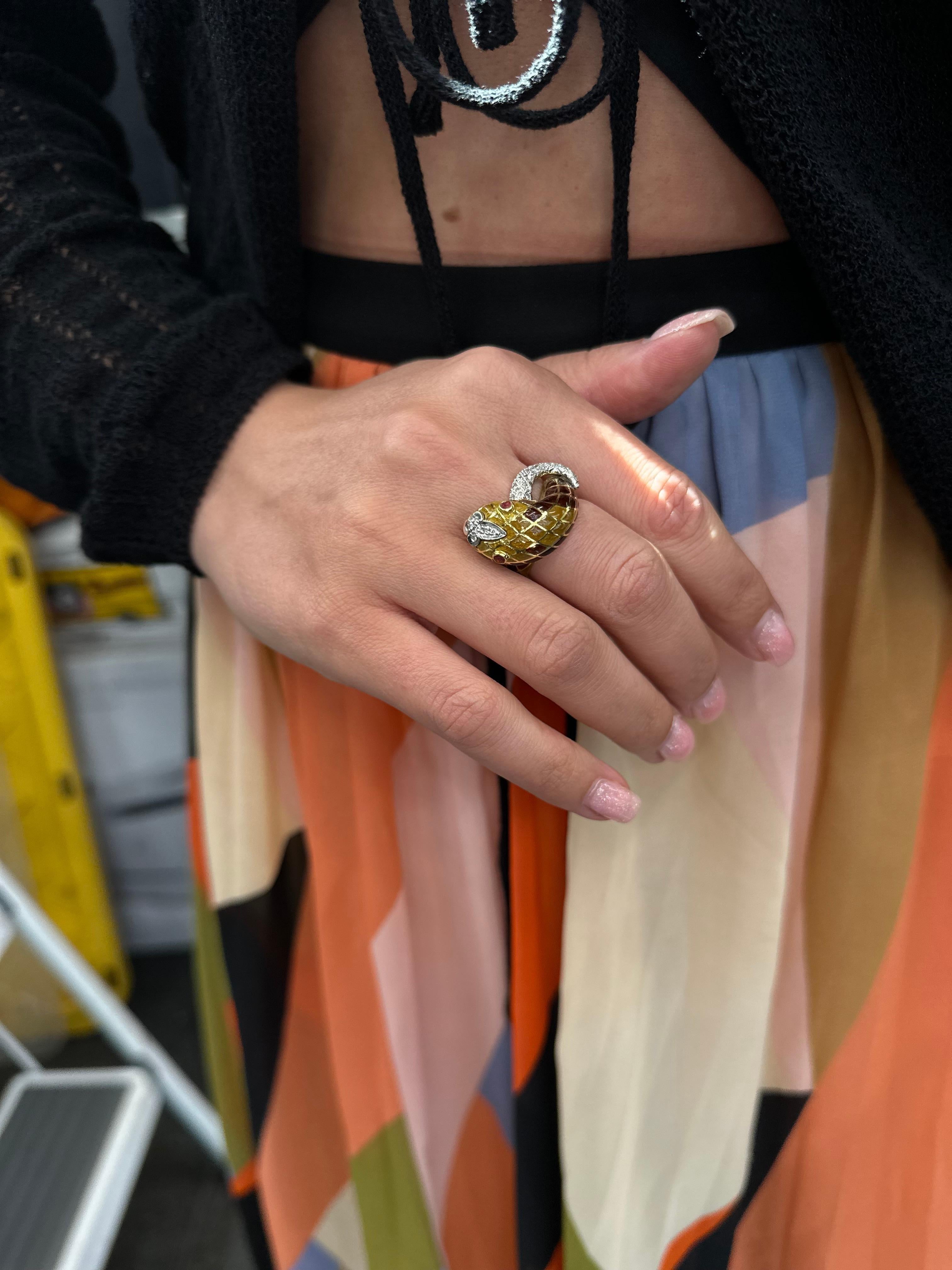 David Webb 18K Yellow Gold Enamel Diamond Snake Serpent Ring For Sale 1